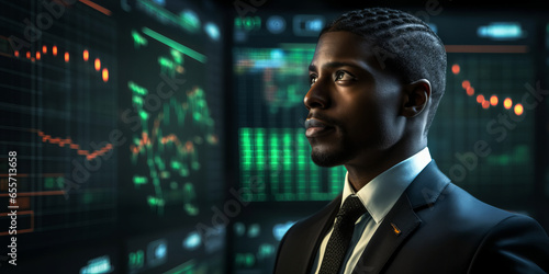 Portrait of black stock market trader that is with graphs, doing analysis