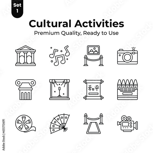 Grab this creatively designed cultural activities icons set, ready to use vectors