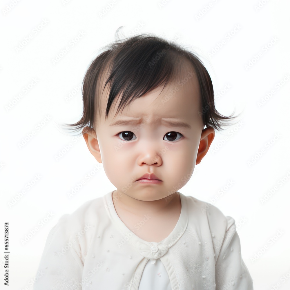 Expressive Asian Baby Showing Sadness on a White Background Expressive Asian Baby Showing Sadness on a White Background
