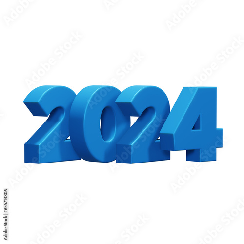 Inscription 2024. Volumetric blue plastic numbers on a transparent background. 3d render