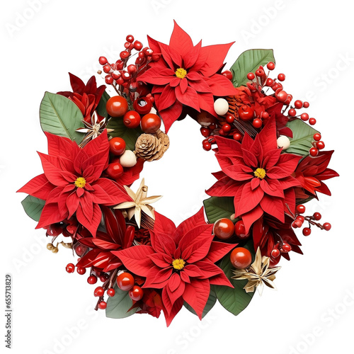Christmas wreath with poinsettia, Joyful Christmas Wreaths: Festive Decorations in a Clean White Background. Celebrate, Wreaths