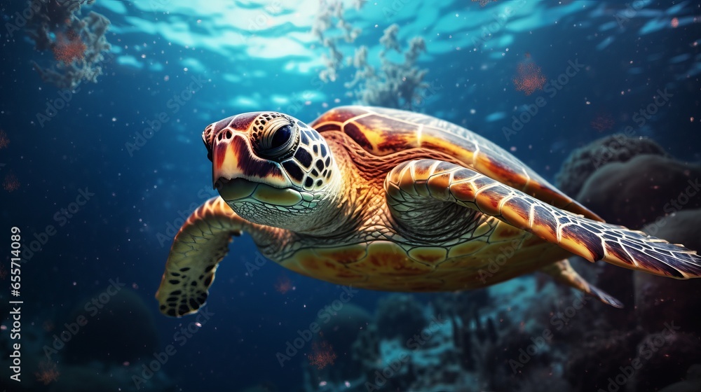 Obraz premium Turtle swimming in the turquoise sea
