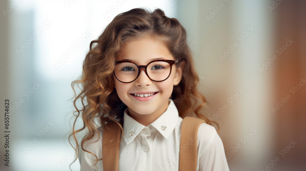 Schoolgirl wearing glasses. Portrait of cheerful kid