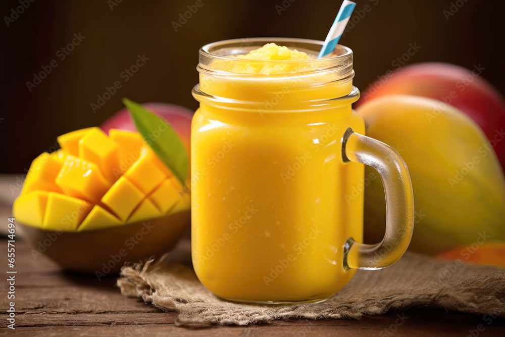 Mango smoothie in a glass on wooden table