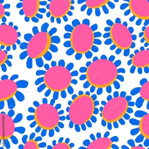 Pink Base and Blue Petals Flowers Seamless Pattern