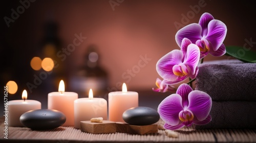 High-End Spa Wellness Background - Massage Stone  Orchid Flowers  Towels  and Burning Candles