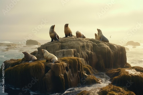 Sea lions on rocks in the water