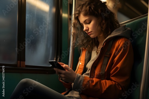 Enjoying trip. Young pretty woman traveling by the train sitting near the window using smartphone.