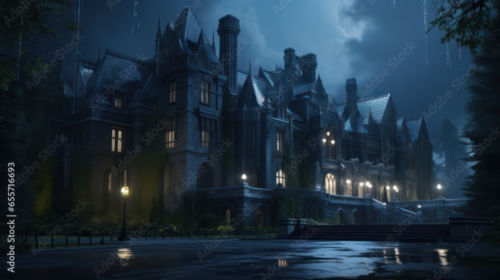 Obraz premium Moonlit Bruce Wayne's Manor with Bluish Gray Neon Lighting Captured on Google Street View