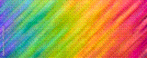 Pixelated rainbow diagonal gradient background with dither effect. Colorful mosaic pixel art texture. Vector background
