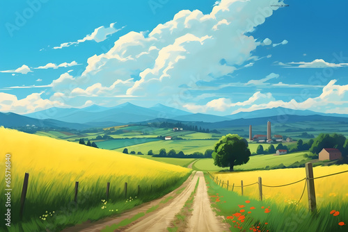 view of rural road left and right of wheat fields Made with Generative AI © Ky