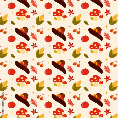 Autumn seamless pattern with pumpkins, plants, leaves. Thanksgiving Day