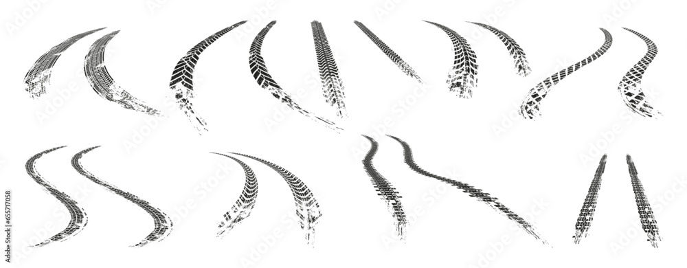 Fototapeta premium Curve realistic tires traces, car tread tracks. Realistic grunge wheel tires traces, bus or tractor rubber trace on road, flat set. Vector decorative design element, car tread tracks back texture