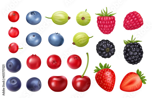 Fototapeta Naklejka Na Ścianę i Meble -  Set of realistic berries smoothie and juice ingredients, wild cartoon berry vector. Fresh summer food, gooseberry and raspberry, red currant and blueberry, cherry and dewberry, cranberry