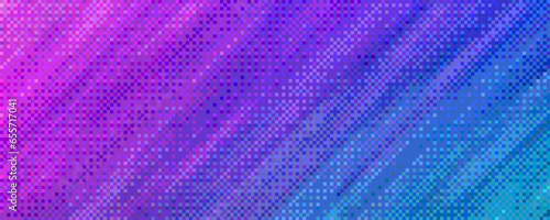 Pixelated neon gradient background in blue and purple colors with dithering effect. Colorful neon pixel art background for computer game environment. Vector illustration