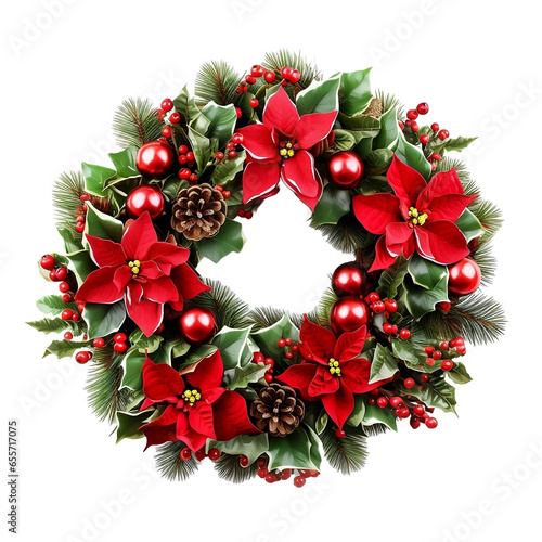 Christmas wreath with holly berries and poinsettia, Joyful Christmas Wreaths: Festive Decorations in a Clean White Background. Celebrate, Wreaths