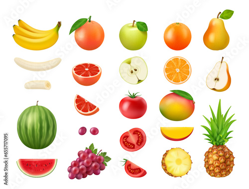 Apple and mango  grapefruit and orange  pear and watermelon summer realistic fruits. Tomato and grape  banana and pineapple whole and cut healthy vegetarian food  3D vector illustration set