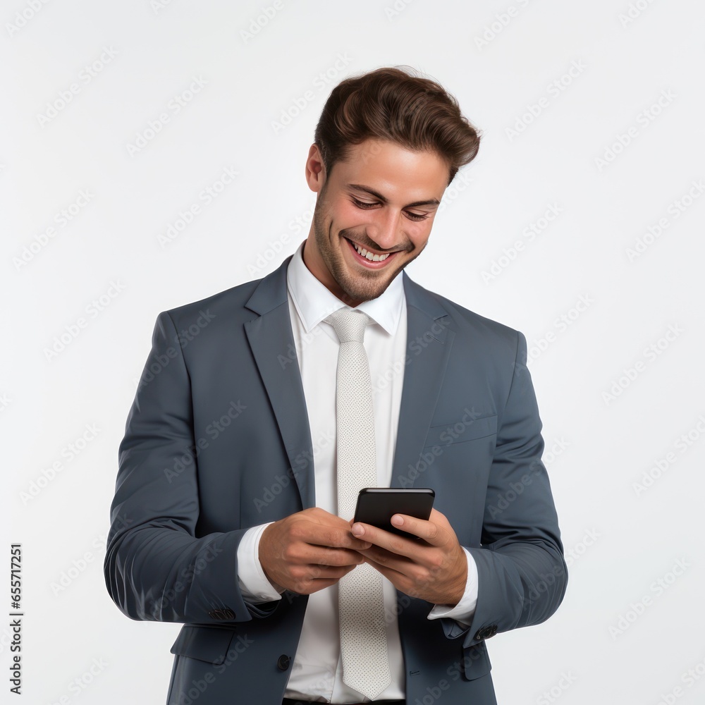 Smiling Businessman Engrossed in Work on Smartphone against White Background Smiling Businessman Engrossed in Work on Smartphone against White Background