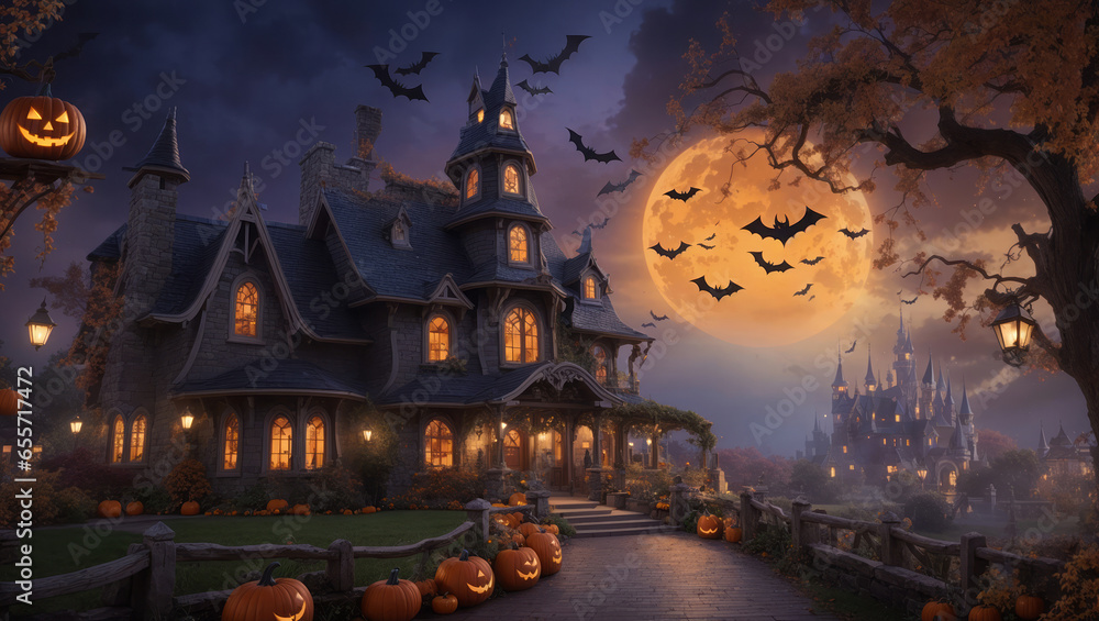 Halloween city with joints and bats in cartoon style. 