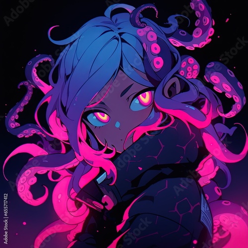 Anime girl with blue hair and neon glowing tentacles around her head, fantasy character.