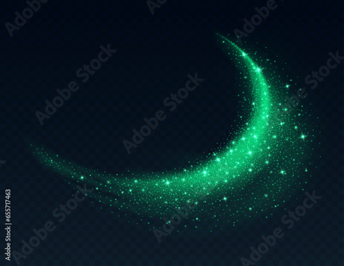 Green dust cloud with sparkles isolated on dark background. Stardust sparkling background. Glowing glitter smoke or splash. Vector illustration. Christmas or Halloween decoration.