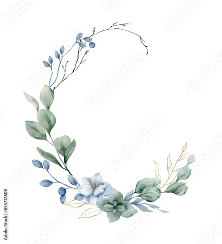 A watercolor vector wreath with dusty blue flowers and eucalyptus leaves.