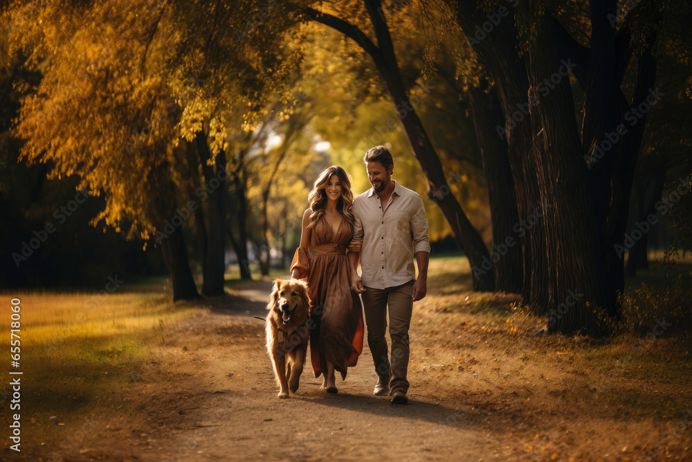 Satisfied couple with dog walking in autumn park