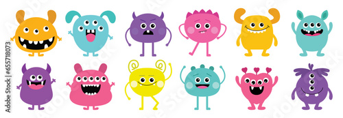 Monster big icon set. Happy Halloween. Face head colorful silhouette. Cute kawaii cartoon funny baby character. Eyes teeth fang horn tongue. Hands up, down. Flat design. White background.