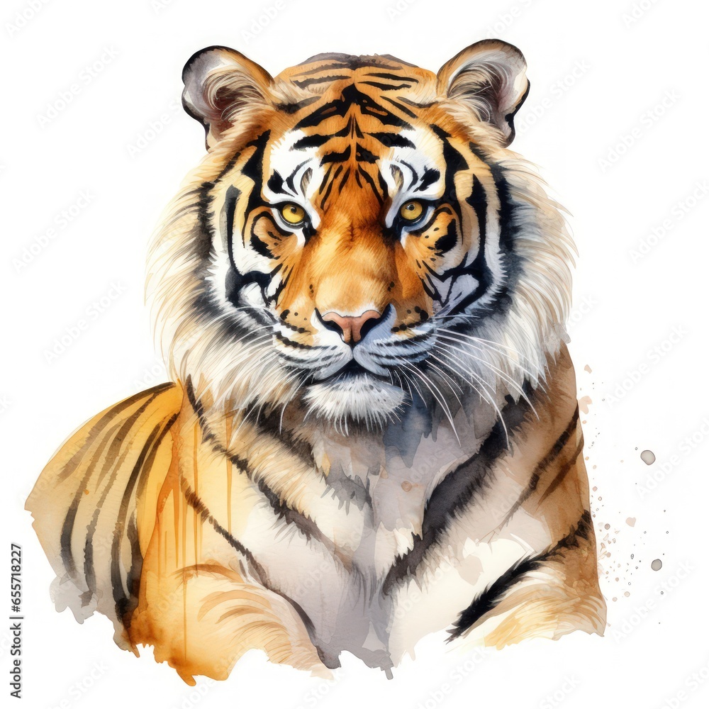 Obraz premium Regal Golden and Black Tiger Watercolor Clipart of Resting Tiger