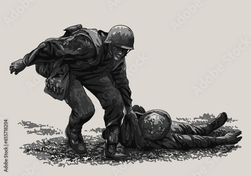 Drawing war story, save the injured, fight, not afraid, art.illustration, vector