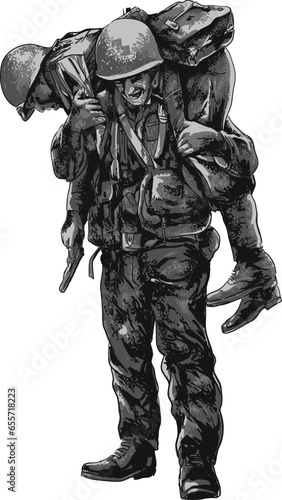 Drawing war story, friend hurt, art.illustration, vector