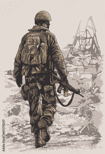 Drawing war story, see the rubble, destroyed, art.illustration, vector