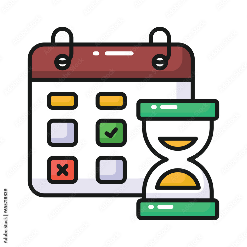 Hourglass with planner showing concept vector of project deadline, time and date icon