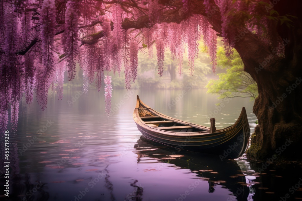 relaxing peaceful dreamy landscape of a boat on the mountain lake  with purple wisteria in bloom.