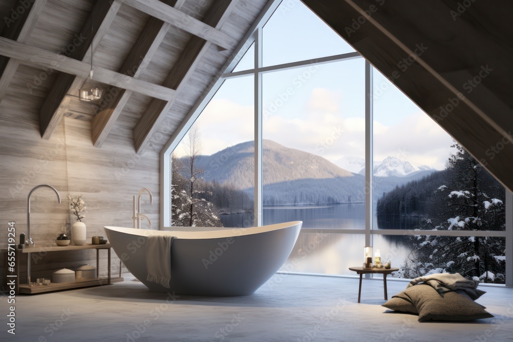 luxury hotel bathroom interior with a mountain view