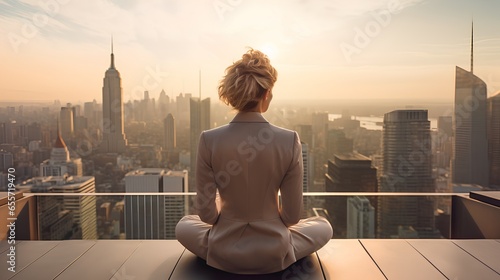 Professional business woman practicing mindfulness and meditation on rooftop of urban district above city. Calm and serene mental state for work and personal wellbeing balance. Strong leadership.