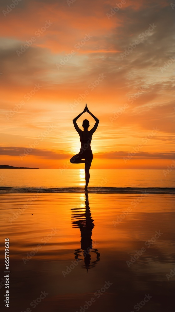 Serene Sunrise Yoga Beach Image Capturing Fitness and Well-being Essence