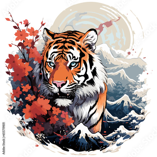 Bengalischer Tiger mit Japanischen Wellen im Asiatischen Kunst-Stil vor Mount Fuji mit Kirschblüten photo