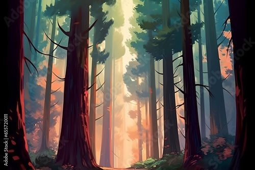 view of large and tall trees in the forest Made with Generative AI
