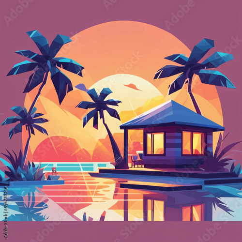 tropical island in summer. palm trees and sea. tropical island in summer. palm trees and sea. vector illustration of a beautiful sunset with a palm trees and a wooden bridge. 