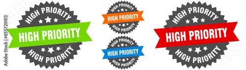 high priority sign. round ribbon label set. Seal