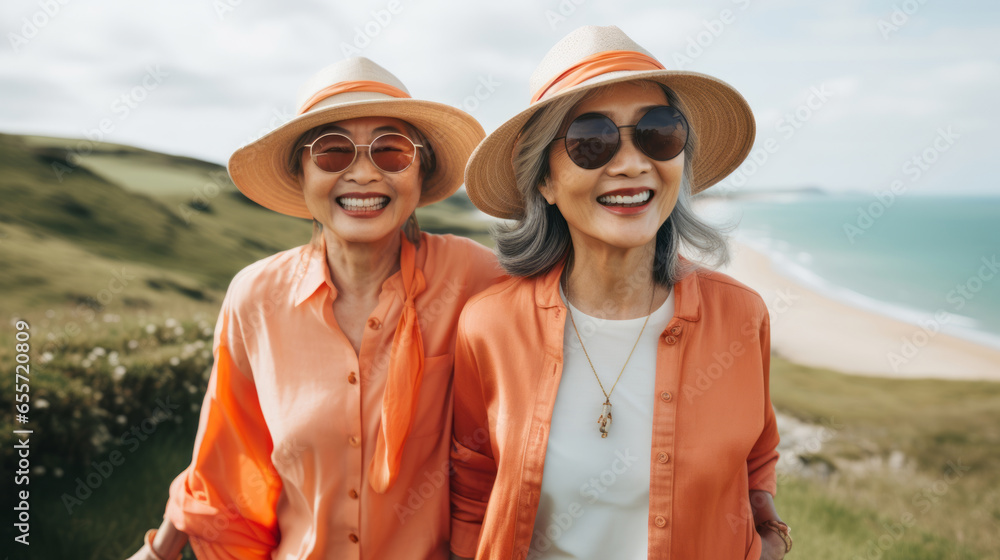 Two old Chinese lady friends are in hats and eyewear together