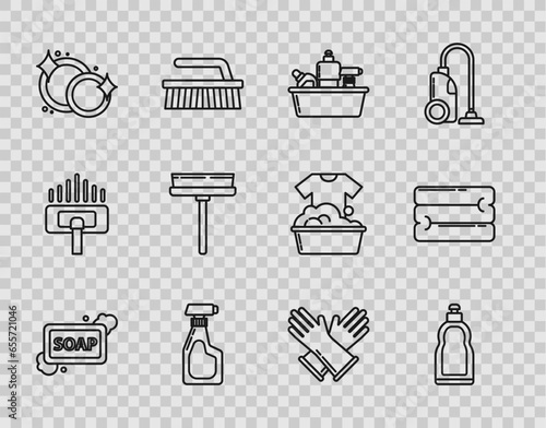 Set line Bar of soap with foam, Plastic bottles for liquid dishwashing liquid, Cleaning spray detergent, Washing dishes, Squeegee, scraper, wiper, Rubber gloves and Towel stack icon. Vector