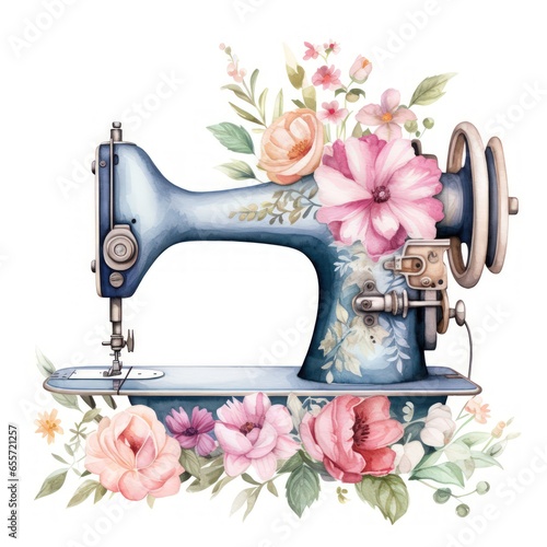 Nostalgia of Sewing Captured in Vintage Sewing Machine with Floral Details Watercolor Clipart