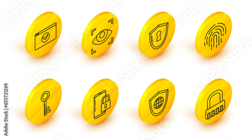 Set line Safe combination lock, Shield with world globe, Smartphone closed padlock, Key, Fingerprint, keyhole, Eye scan and Secure your site HTTPS, SSL icon. Vector