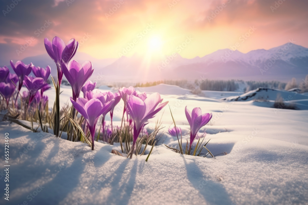 Nature lighting of spring landscape with first purple crocuses flowers on snow in the sunshine and beautiful sky. Life or nature botanical concept. - obrazy, fototapety, plakaty 