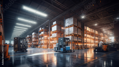 Modern interior. Warehouse or storage and shelves with cardboard boxes