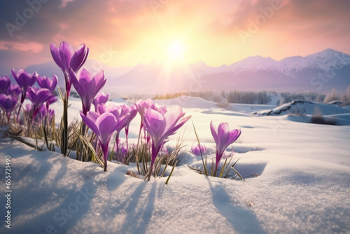 Nature lighting of spring landscape with first purple crocuses flowers on snow in the sunshine and beautiful sky. Life or nature botanical concept. photo