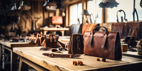 Workshop of local manufacture. With bag on the table and bunch of tools photo