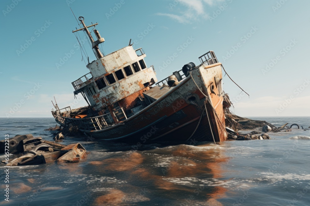 A rusted boat sits on top of a body of water. This image can be used to depict abandonment, decay, or the passage of time. It may also be suitable for themes related to nature, exploration, or adventu A rusted boat sits on top of a body of water. This image can be used to depict abandonment, decay, or the passage of time. It may also be suitable for themes related to nature, exploration, or adventu